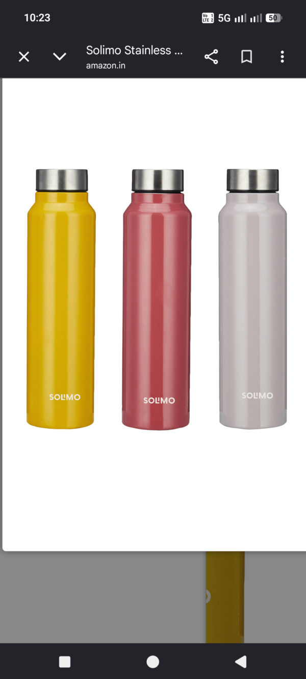 Brand - Solimo Stainless Steel Bottles (Set of 3) | 970ml Each | 100% Food-Grade | BPA-Free Cap | Leak & Spill Proof | Ergonomic Grip | For Home & Office Use (Yellow, Grey & Red)